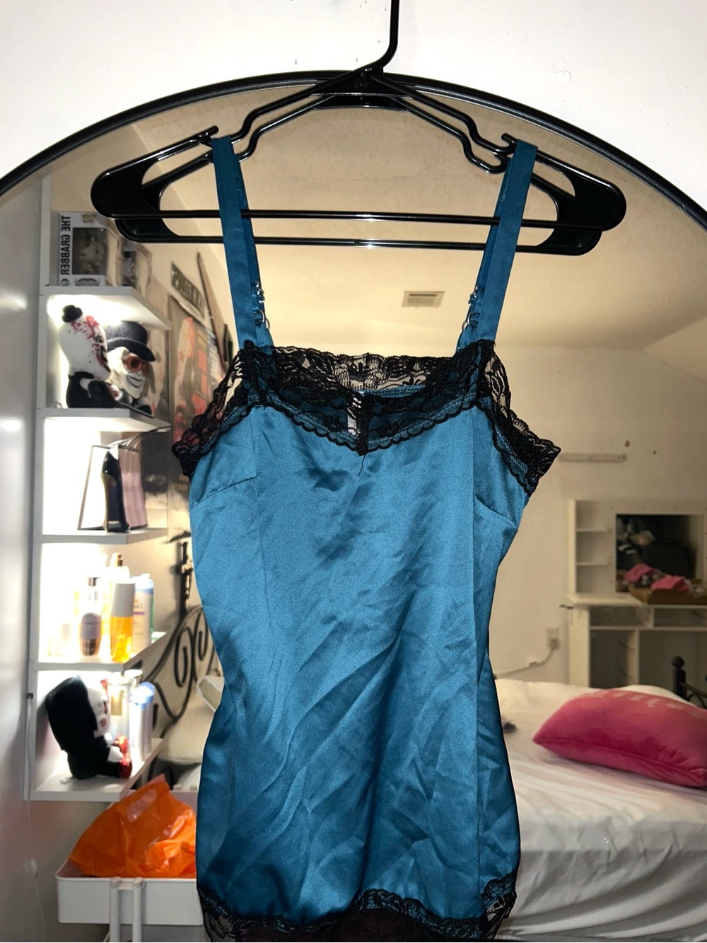 Teal Satin Black Lace Trim Lingerie Cami Top with Adjustable Straps